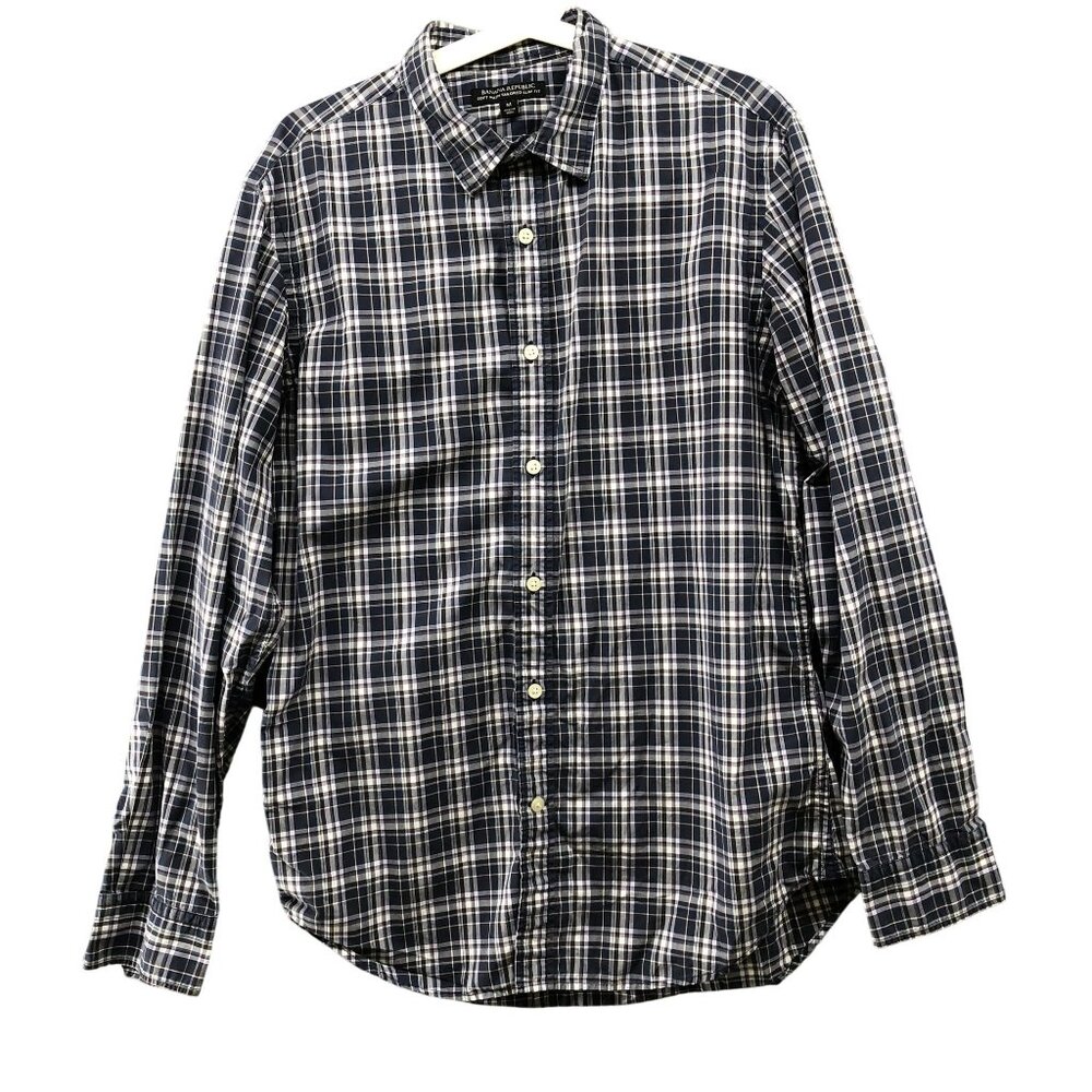 Banana Republic Soft Wash Tailored Slim Fit Shirt Mens M Navy Blue White Plaid‎